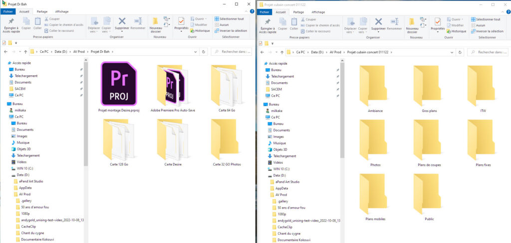 Capture d’une organisation de fichiers et dossiers de montage, illustrant la préparation d’un projet avant la timeline.